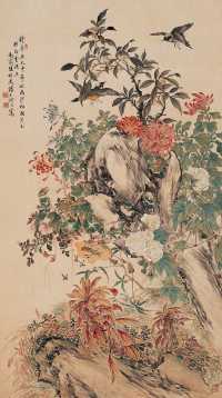 汤世澍 辛丑（1901）年作 花艳鸟戏 立轴